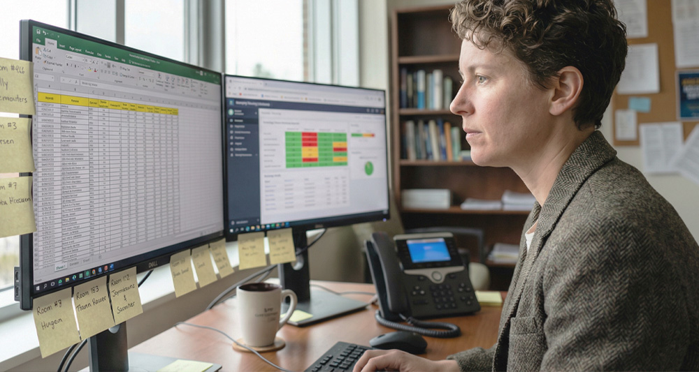 Student Housing worker at their desk during move in